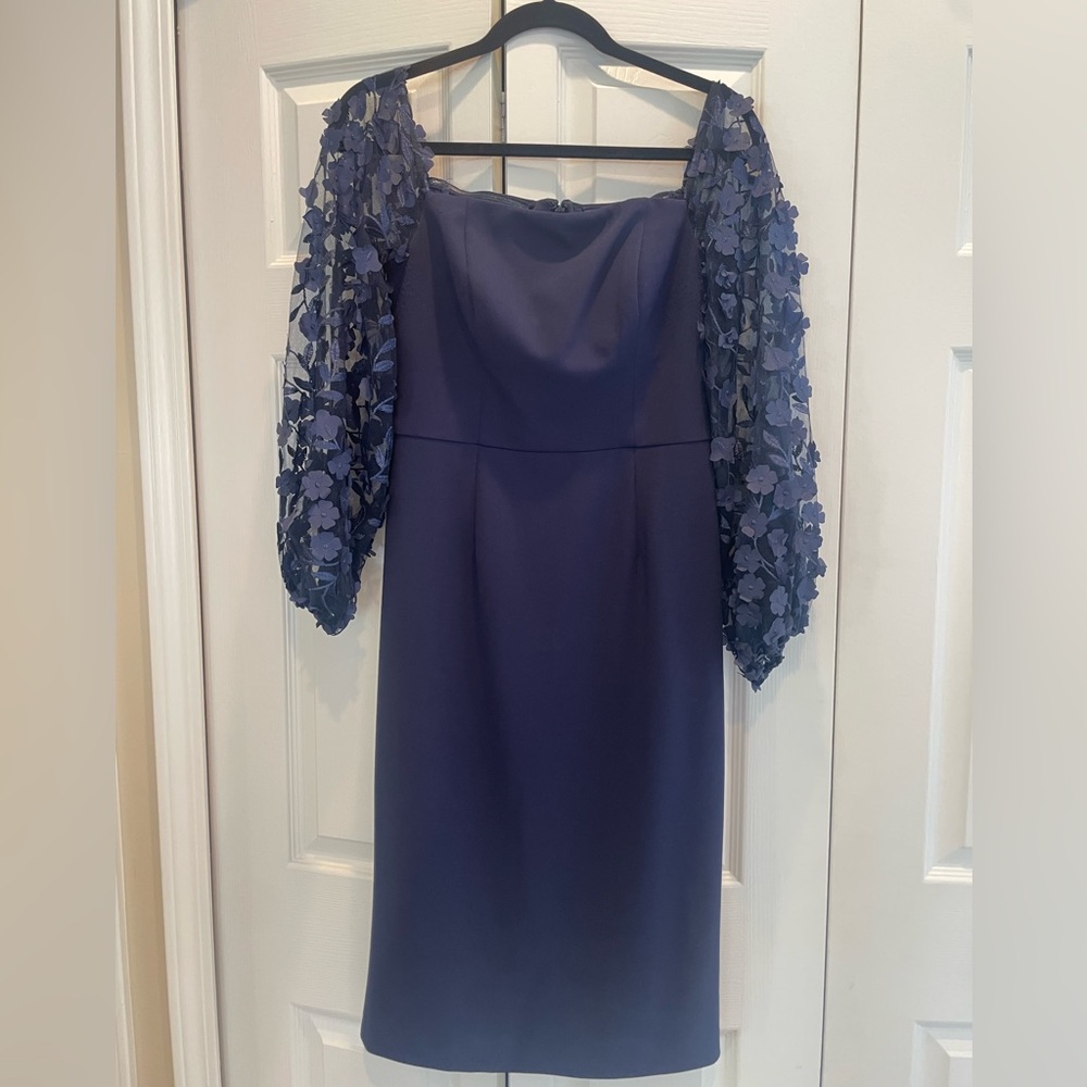 Eliza J Navy Sheath Dress with 3D Floral Lace Sleeves